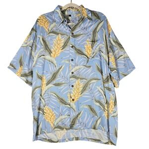 Kane Malia Hawaiian Shirt Mens Large Blue Yellow Floral Rayon Aloha Button Up